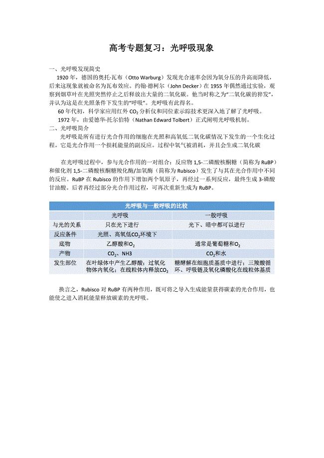 高三二轮复习生物素材：光呼吸现象归纳总结.docx