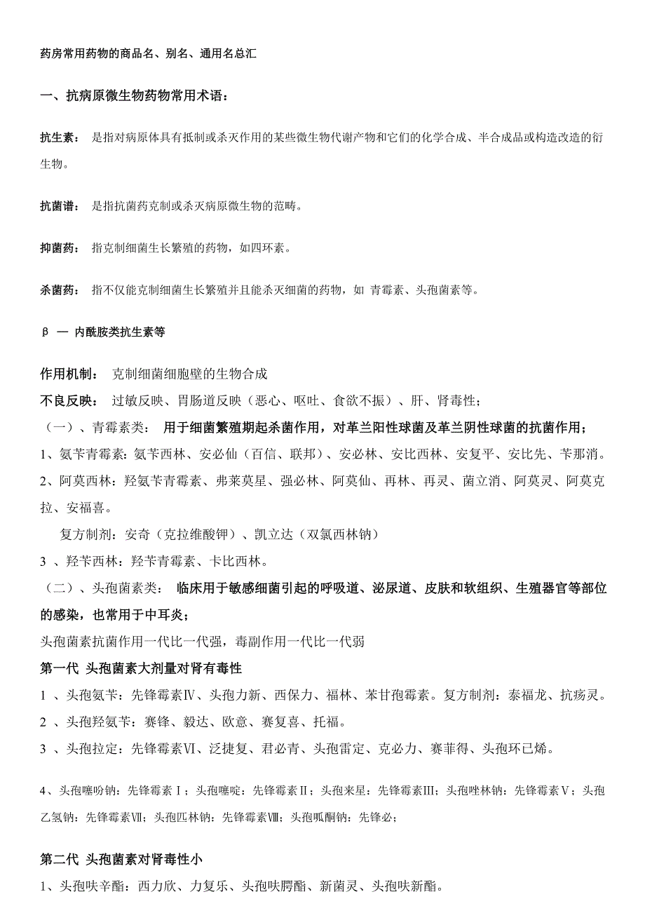 药房常用药品的商品名、别名、通用名总汇_第1页