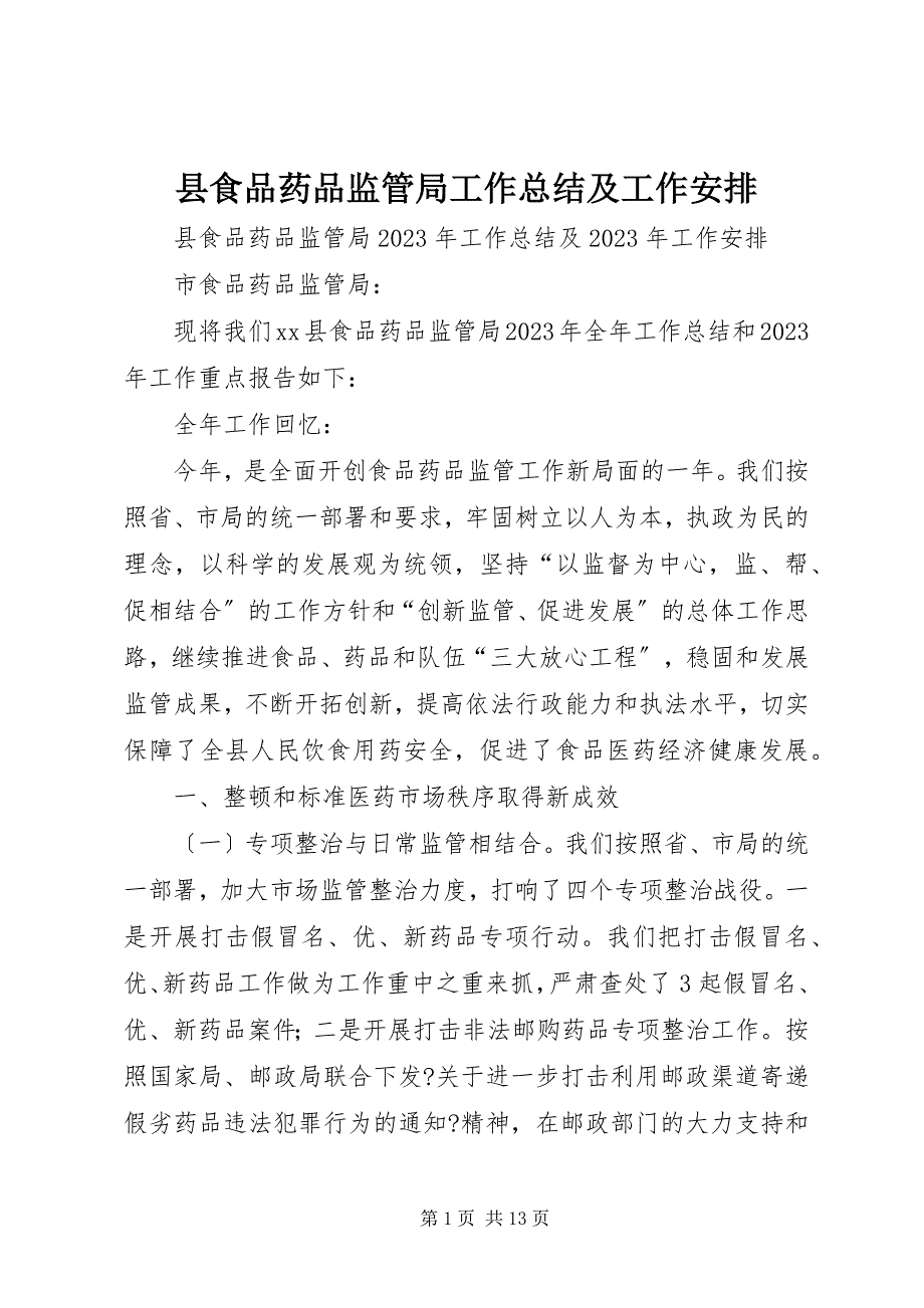 2023年县食品药品监管局工作总结及工作安排.docx_第1页