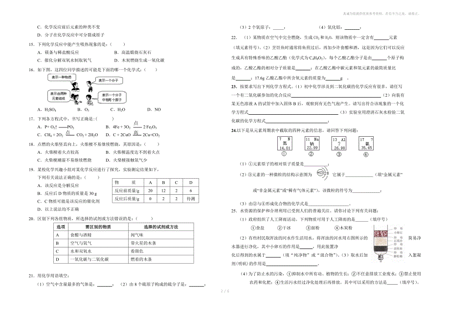 九年级上册化学寒假作业_第2页