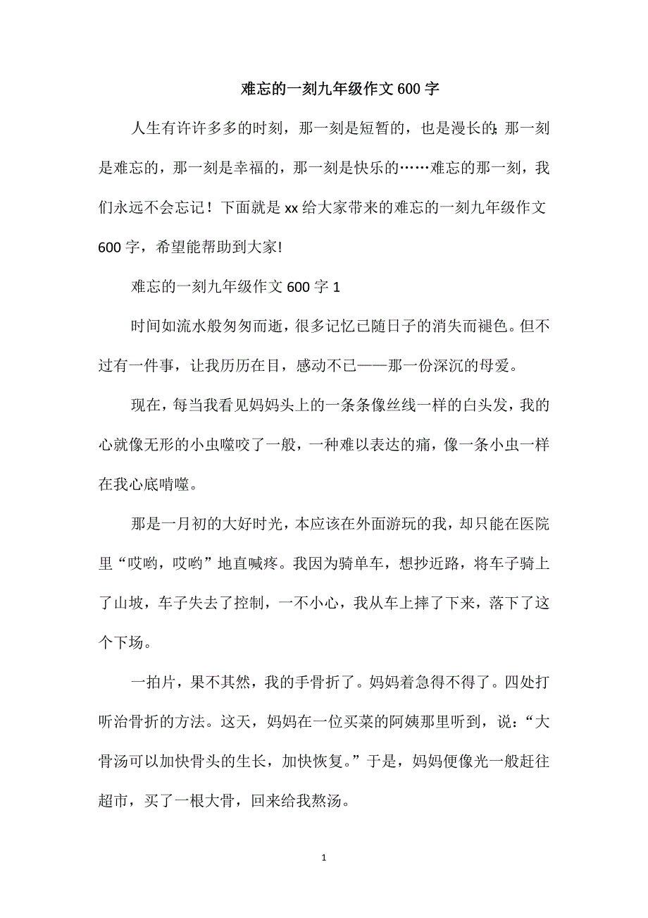 难忘的一刻九年级作文600字_第1页