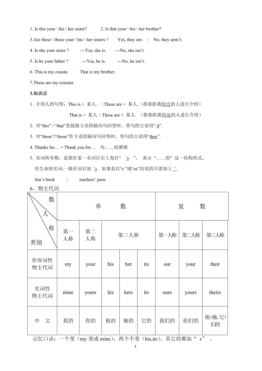 新人教版英语七年级上册知识点归纳及练习(卷);_第4页