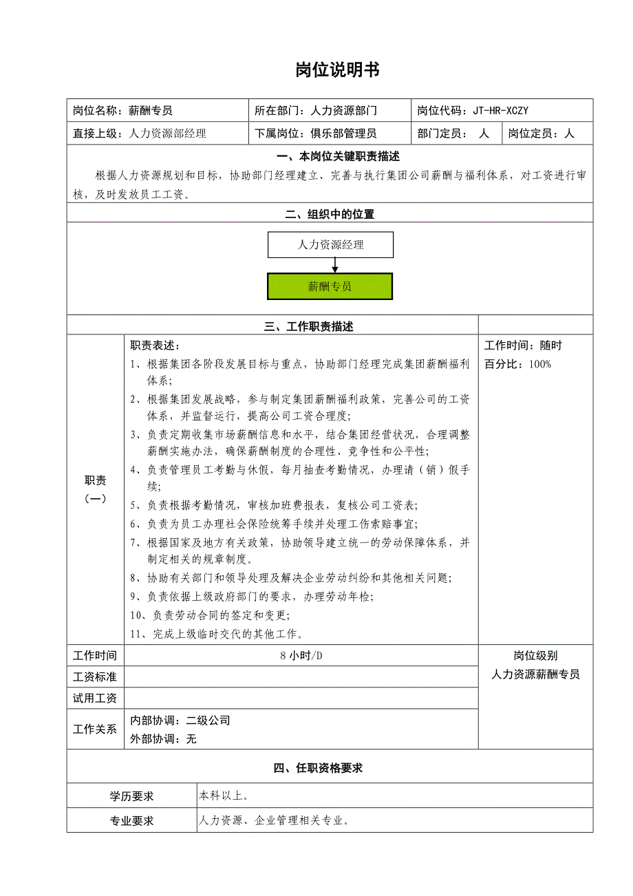 人力资源岗位说明书新_第3页