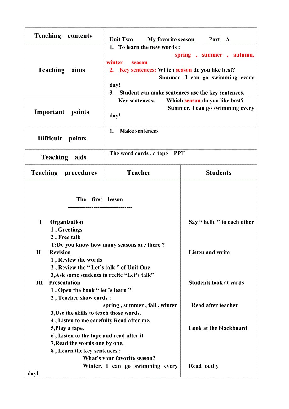 新版PEP小学五年级下册英语教案(全英)Unit2.A_第1页