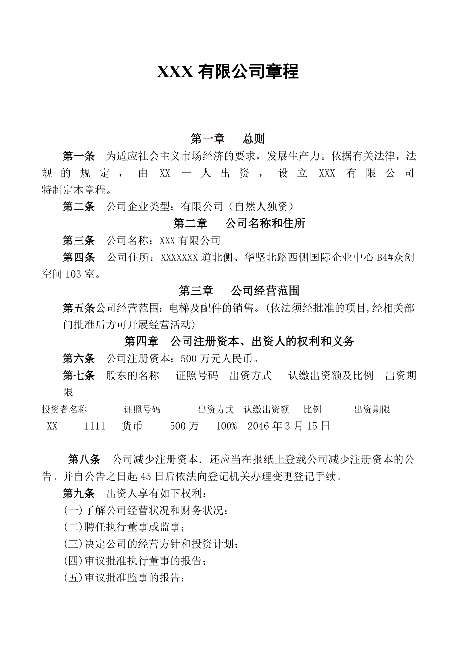 一人有限公司(自然人独资)章程_第1页