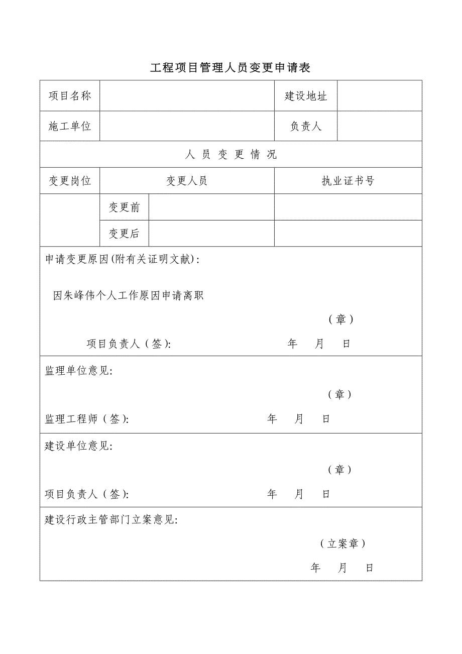 工程项目管理人员变更申请表_第1页