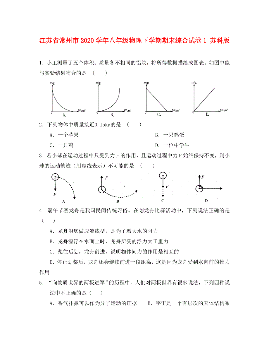 江苏省常州市八年级物理下学期期末综合试卷1无答案苏科版_第1页