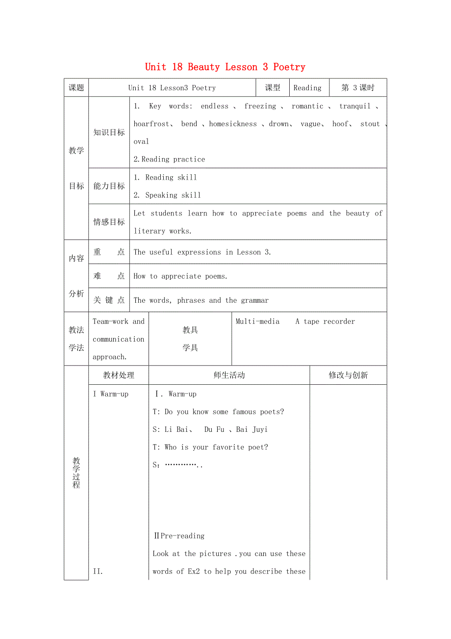 高中英语 Unit 18 Beauty Lesson 3 Poetry教案 北师大版选修6_第1页