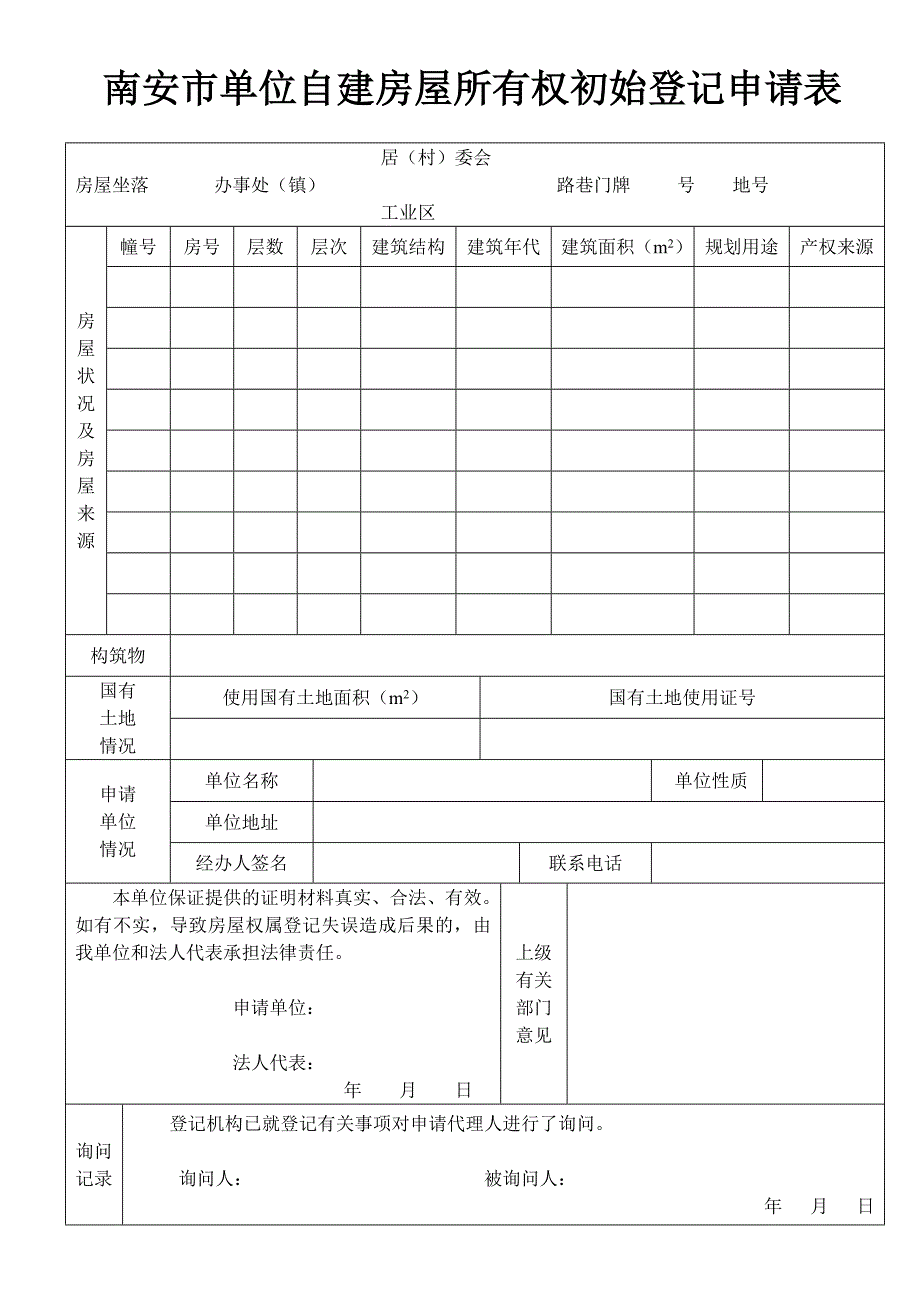 南安市单位自建房屋所有权初始登记申请表_第1页