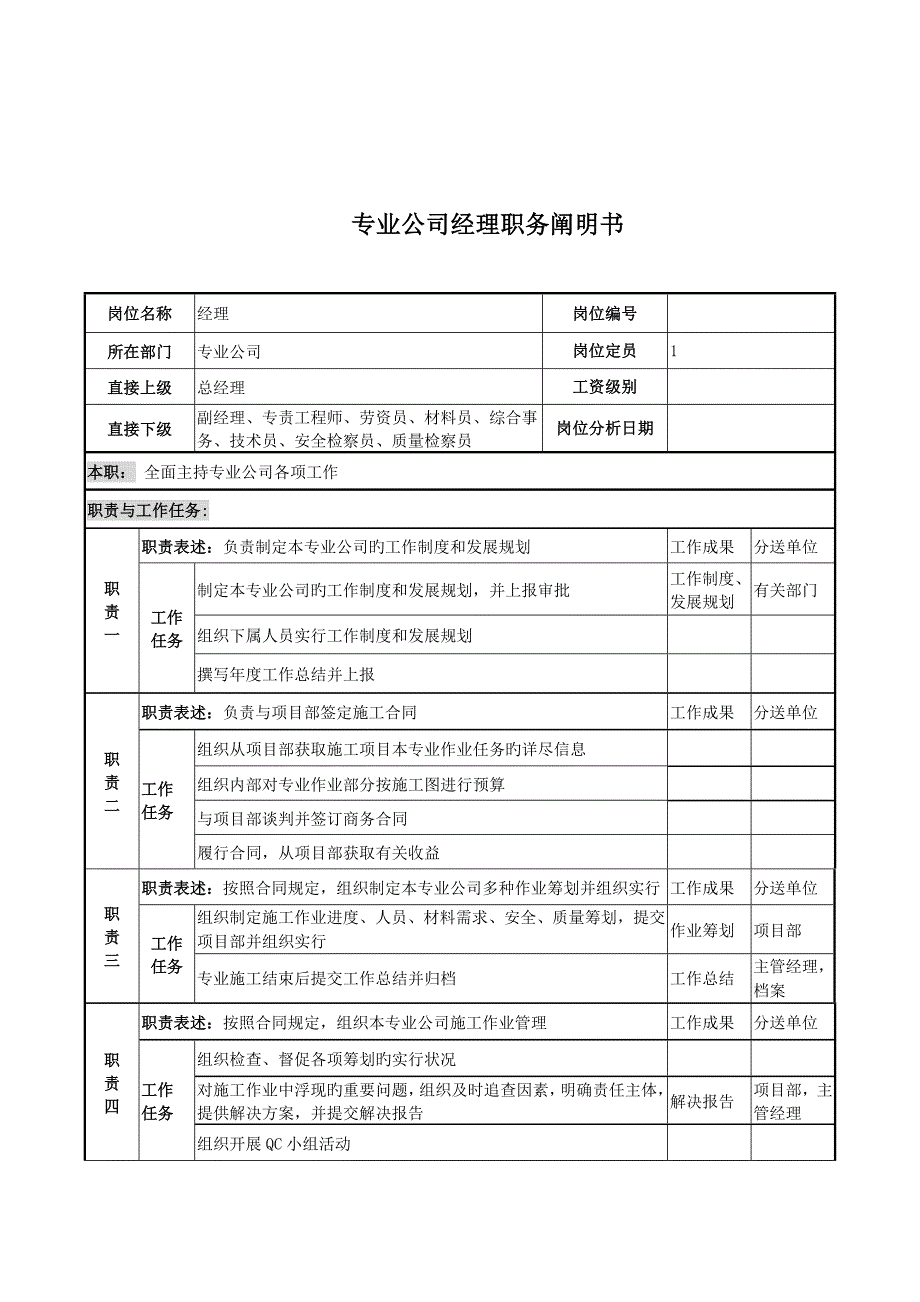 电力公司经理的职务专项说明书_第1页