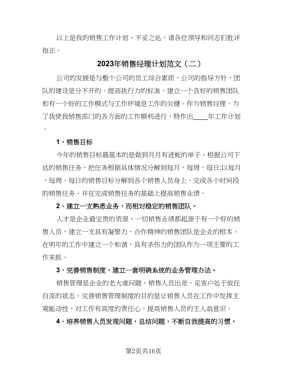 2023年销售经理计划范文（六篇）_第2页