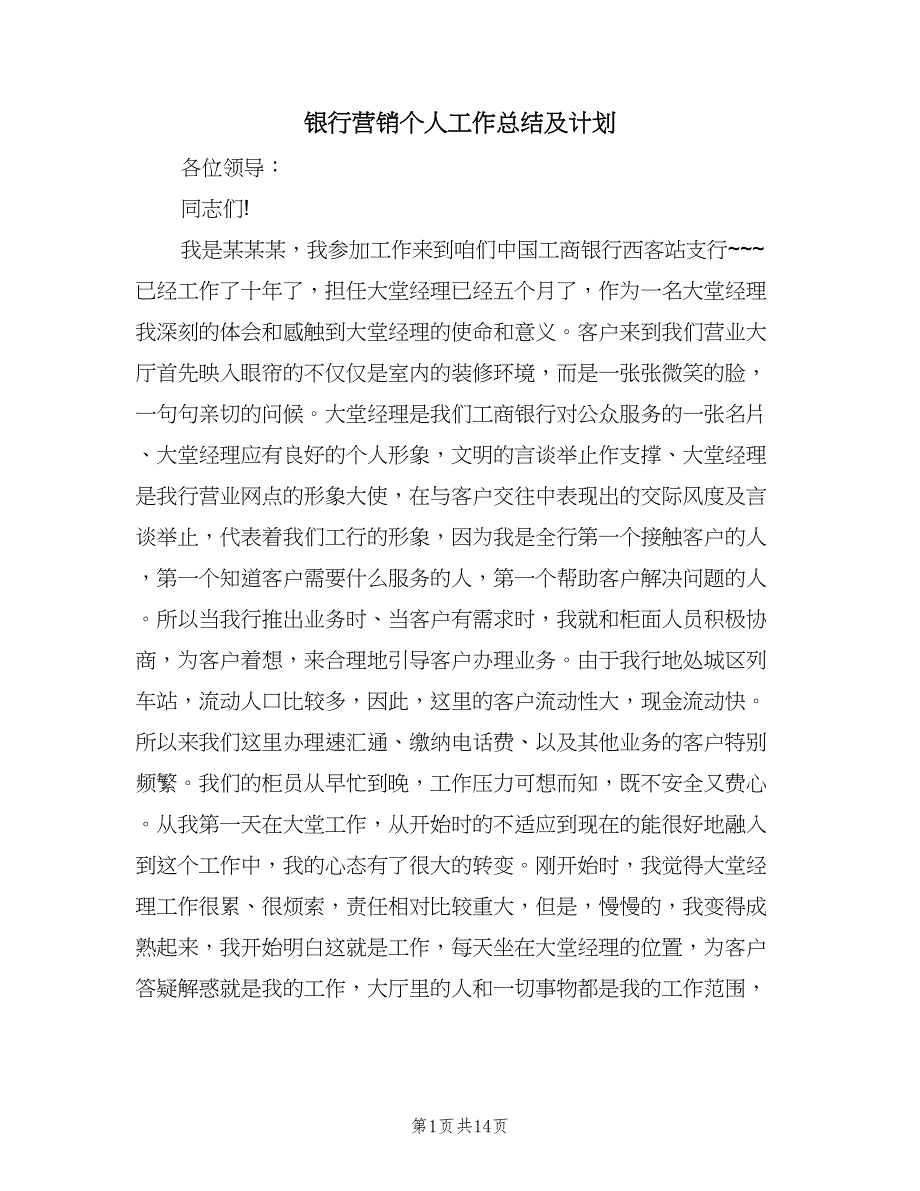 银行营销个人工作总结及计划（六篇）.doc_第1页