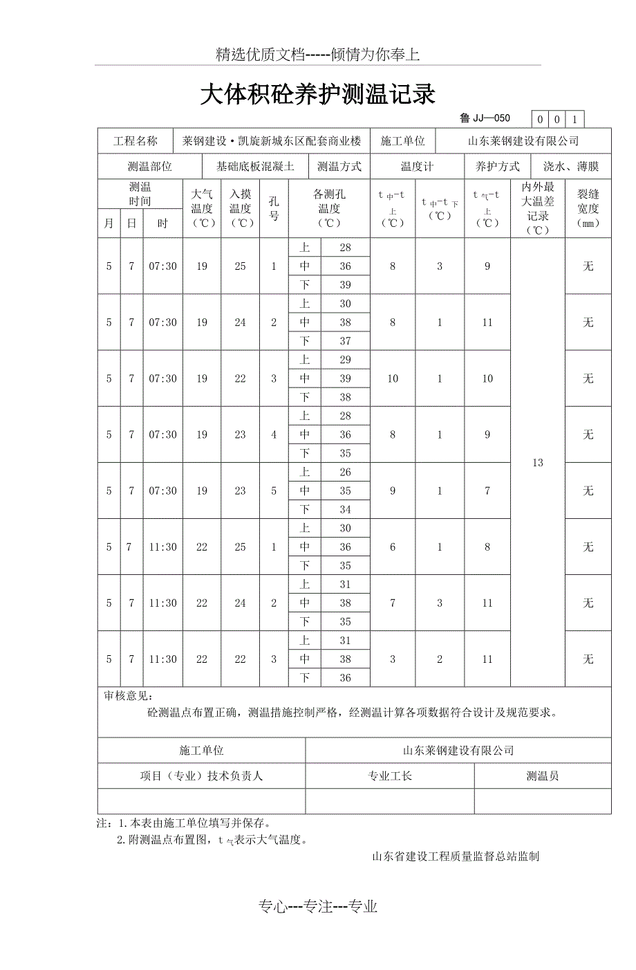 大体积砼养护测温记录(共19页)_第1页