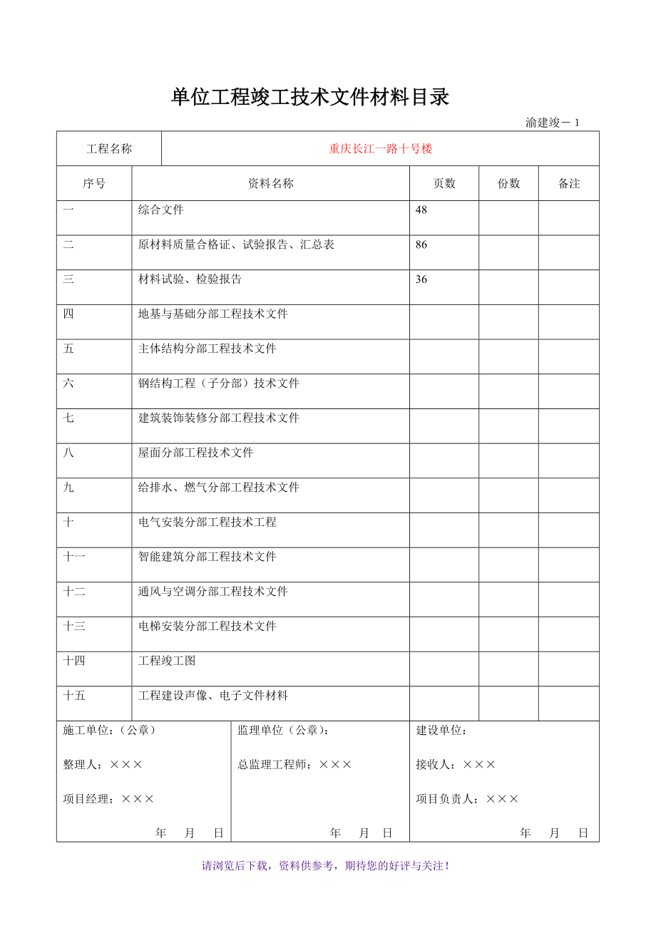 重庆市《建设工程技术用表》渝建竣