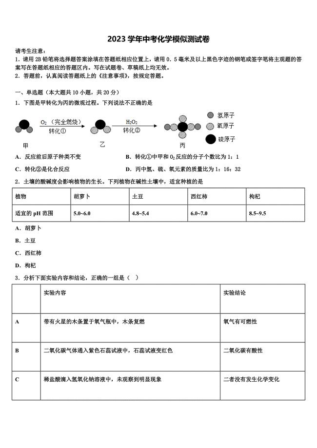 湖北竹溪县重点达标名校2023年中考适应性考试化学试题（含答案解析）.doc