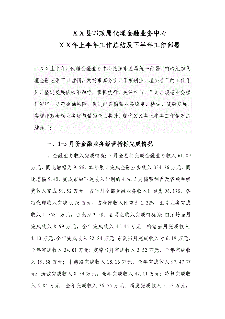 邮政代理金融业务中心上半年工作小结及下半年工作思路.doc_第1页