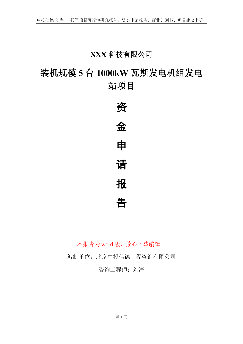 装机规模5台1000kW瓦斯发电机组发电站项目资金申请报告写作模板_第1页