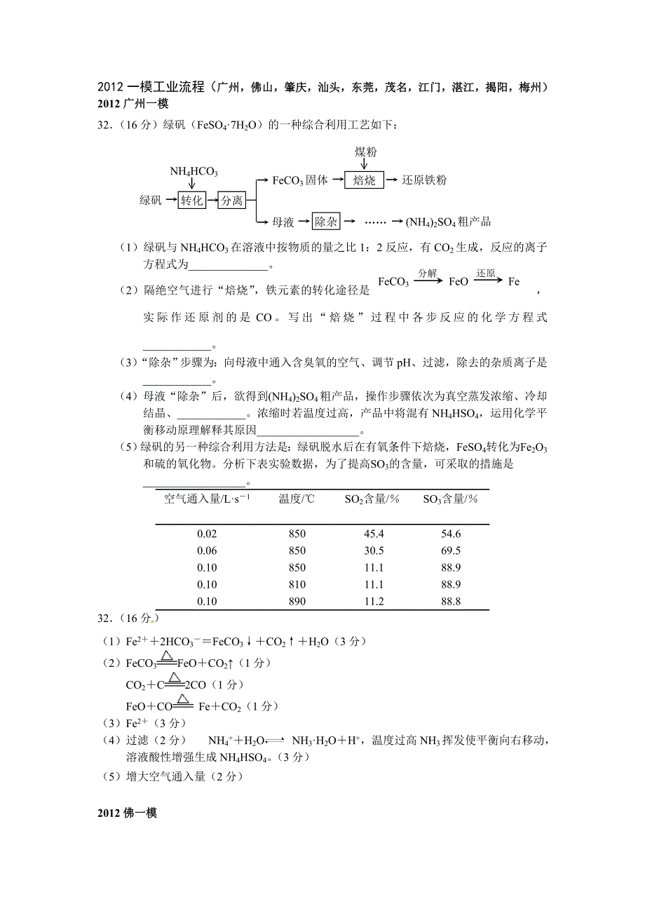 2012年广东省各市一模考试题分类汇编化学工业流程题汇编_第1页