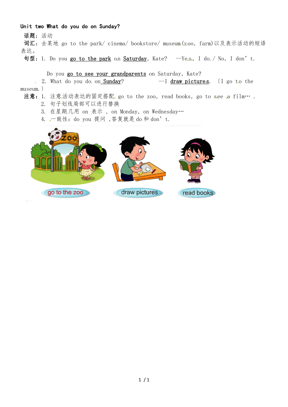 二年级上册英语素材词汇及句型整理Unit 2_北京课改版_第1页