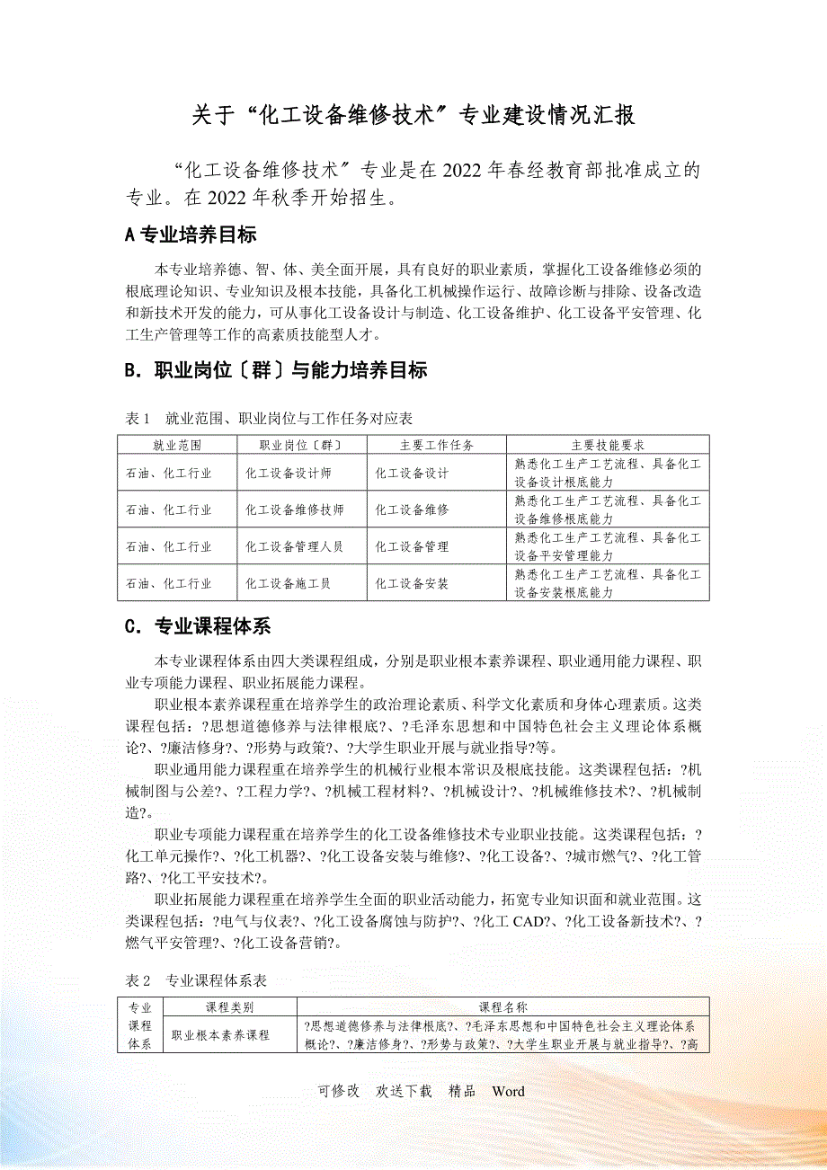 关于化工设备维修技术专业建设情况汇报.docx_第1页