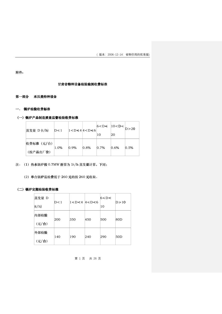 甘肃省特种设备检验检测收费标准（试行）doc-关于特种设_第1页