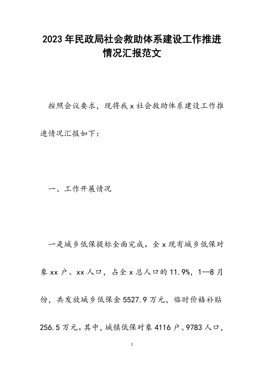 2023年民政局社会救助体系建设工作推进情况汇报.docx_第1页