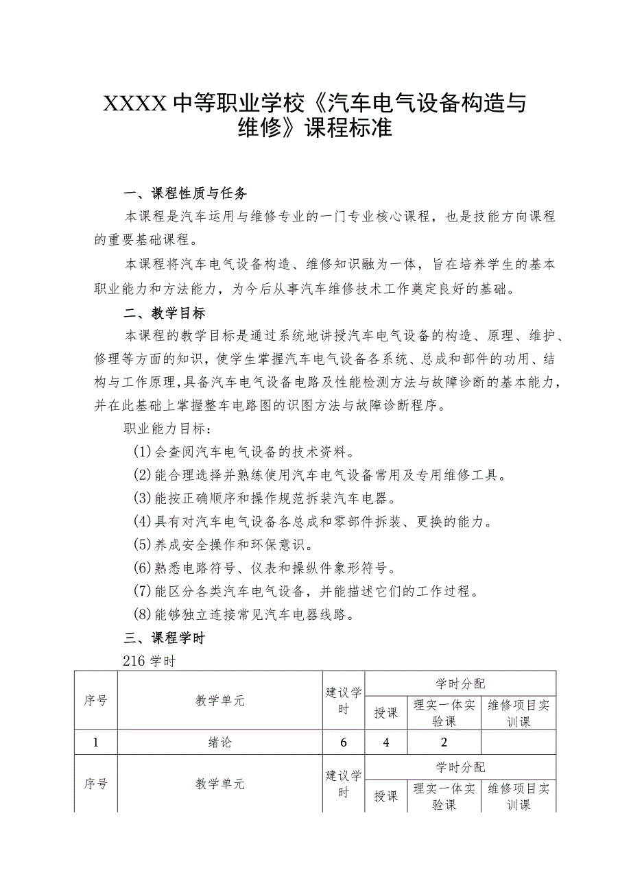 中等职业学校《汽车电气设备构造与维修》课程标准_第1页