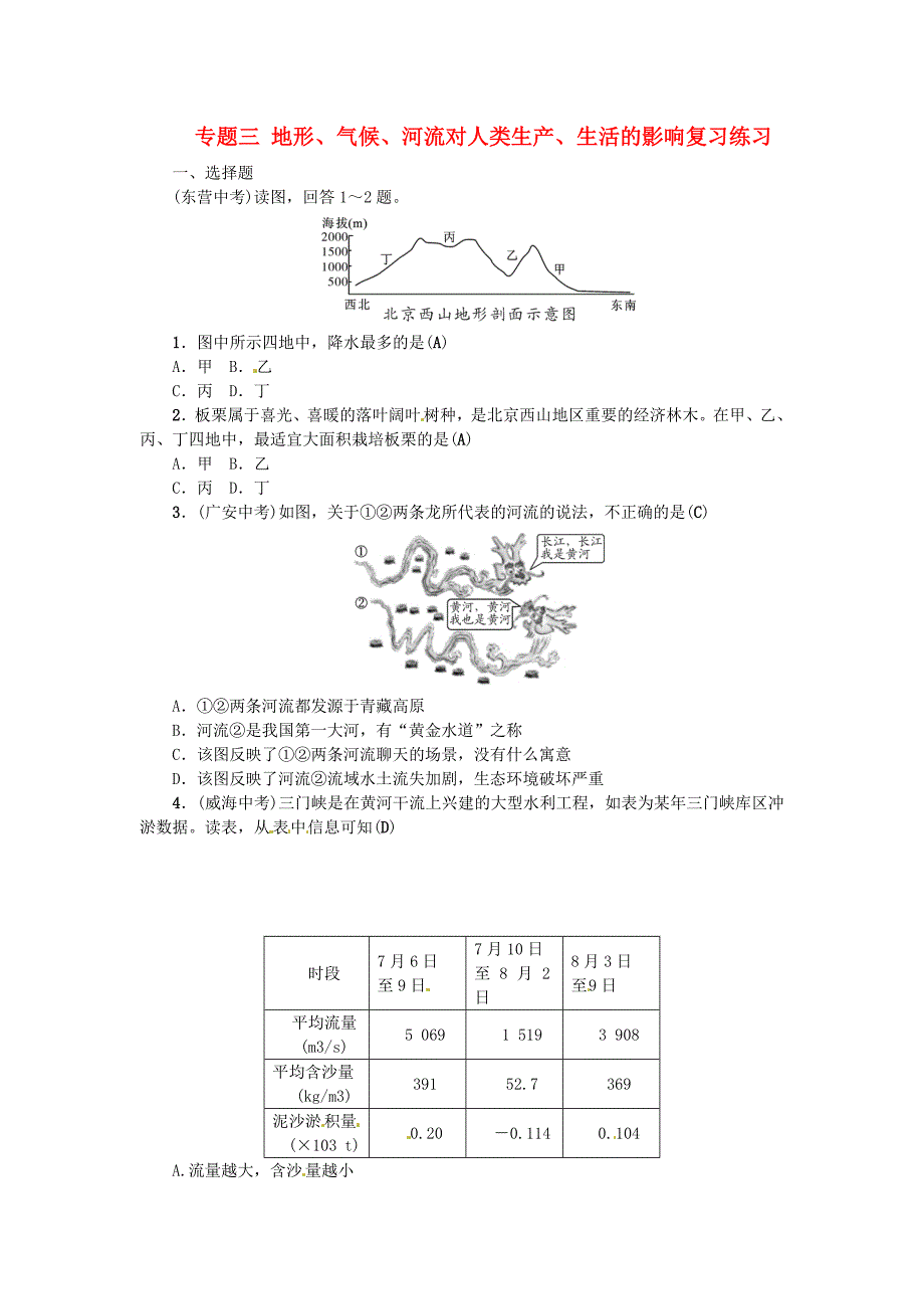 全国通用版中考地理专题三地形气候河流对人类生产生活的影响复习练习1019421_第1页