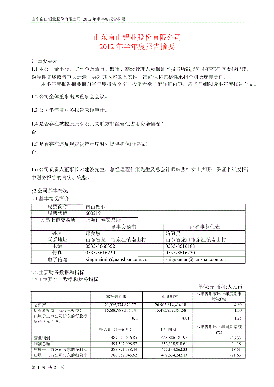 600219 南山铝业半年报摘要_第1页