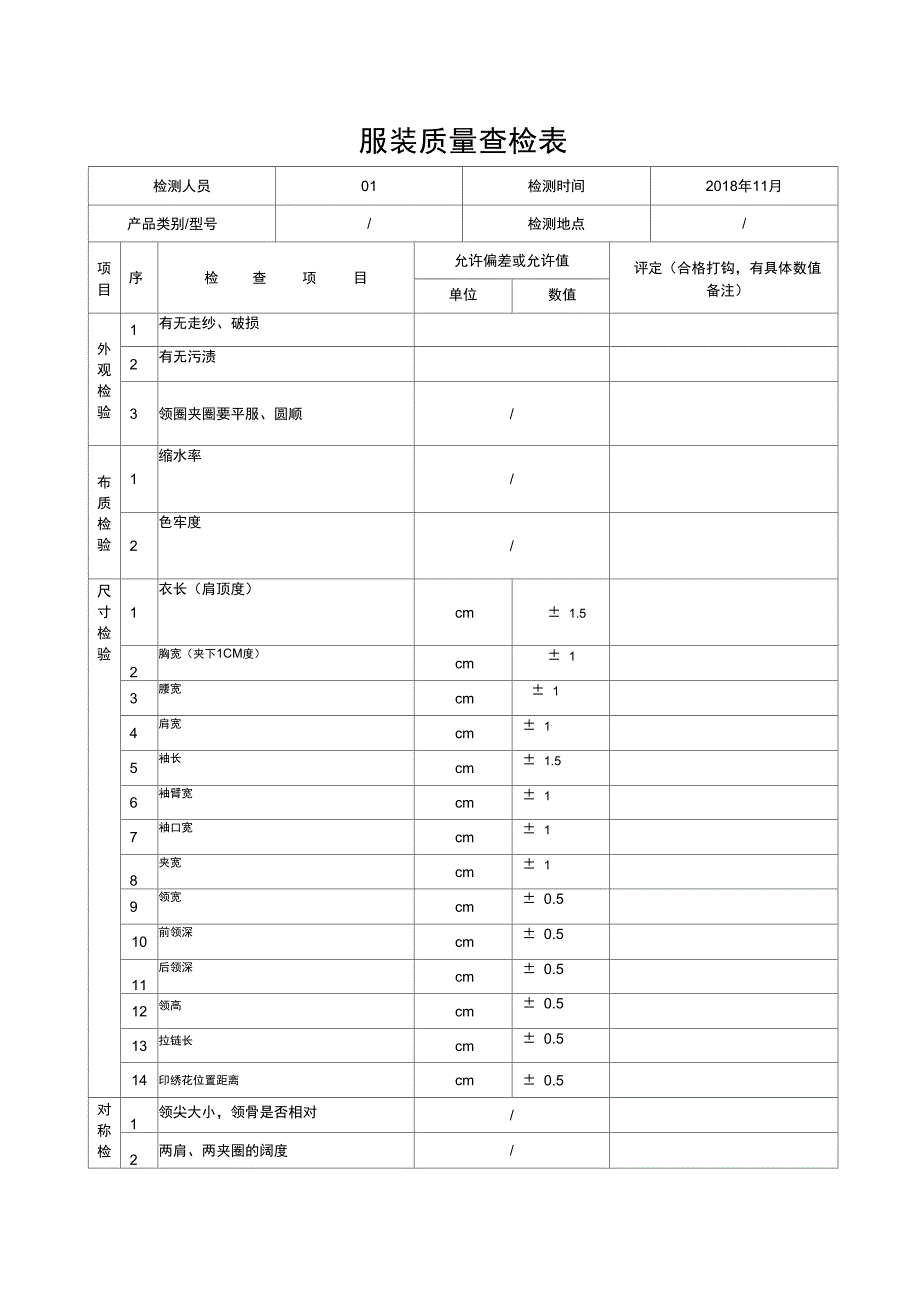 服装质量检验表最新_第1页