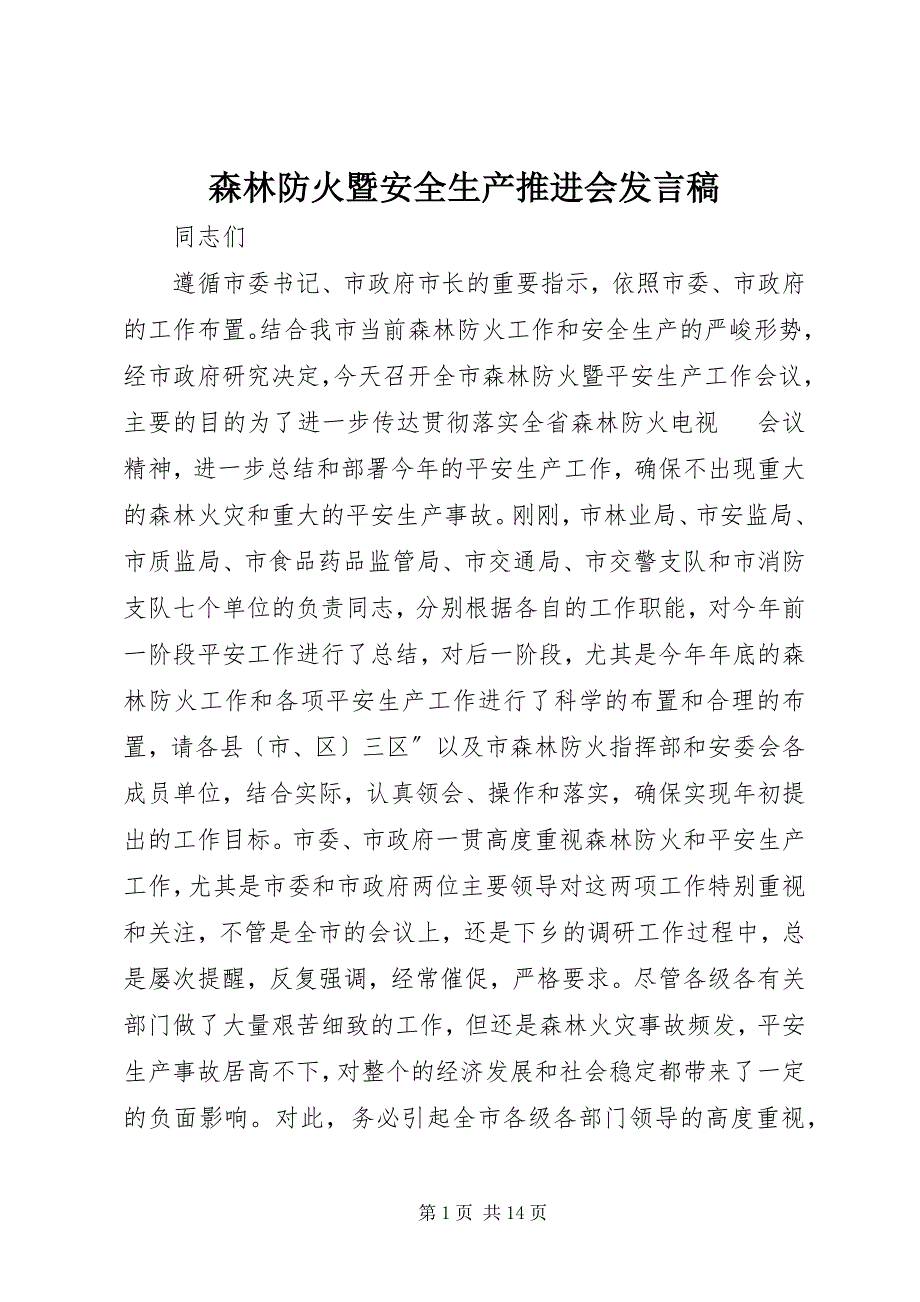 2023年森林防火暨安全生产推进会讲话稿.docx_第1页