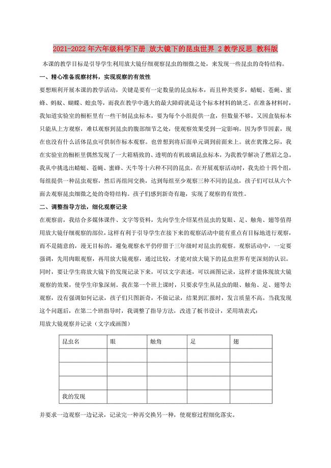 2021-2022年六年级科学下册 放大镜下的昆虫世界 2教学反思 教科版