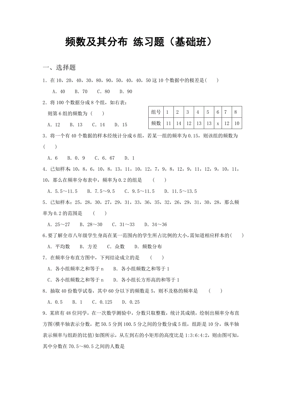 频数及其分布练习题(基础班)_第1页