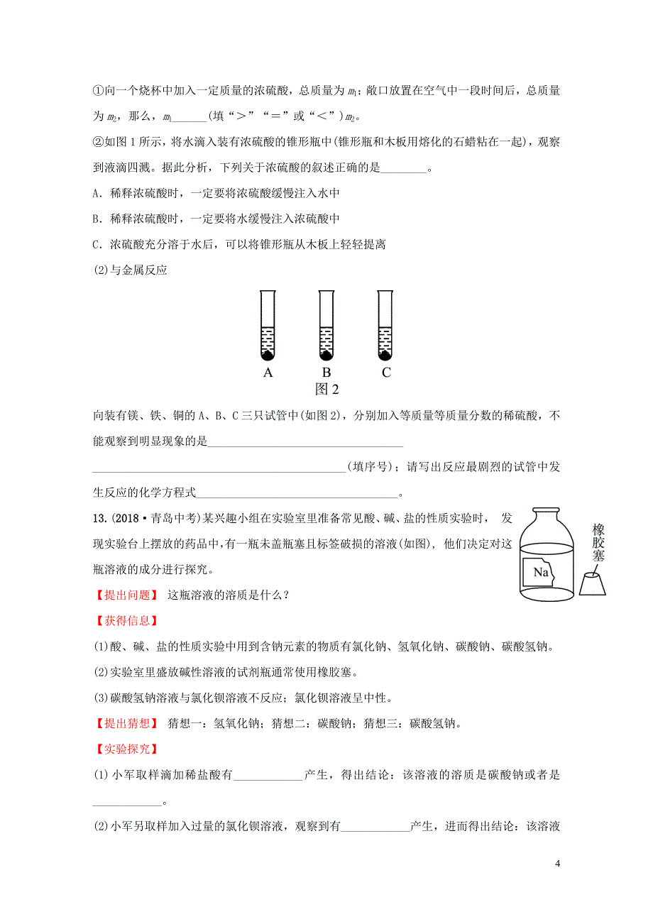 山东诗营市初中化学学业水平考试总复习第十单元酸和碱第1课时常见的酸和碱练习0114318_第4页