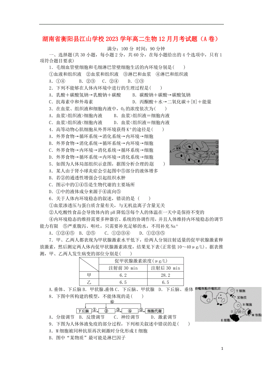 湖南省衡阳县江山学校2023学年高二生物12月月考试题A卷2.doc_第1页