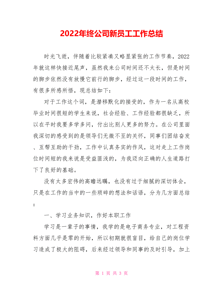 2022年终公司新员工工作总结_第1页