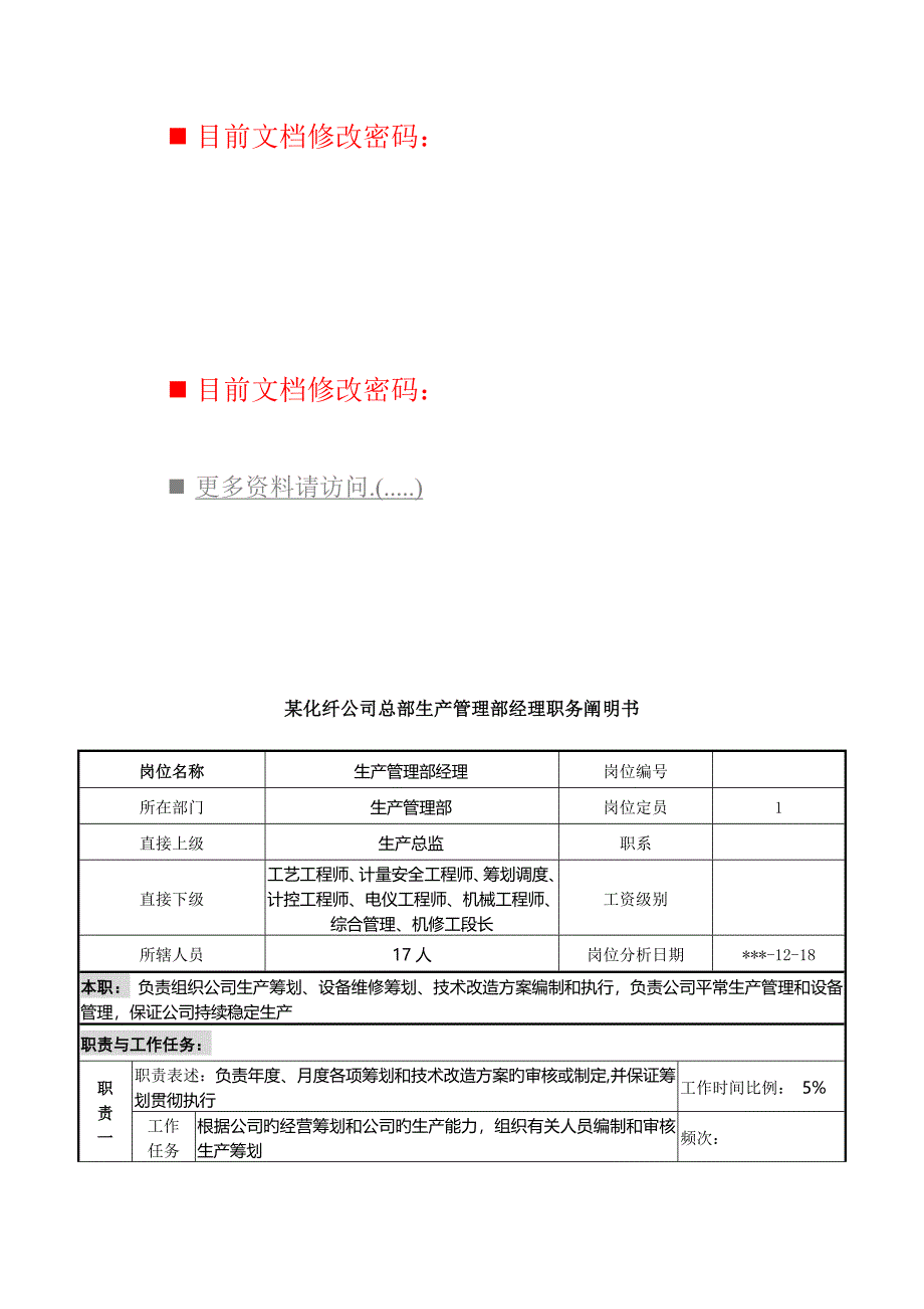 生产管理部经理职务专项说明书样本_第1页