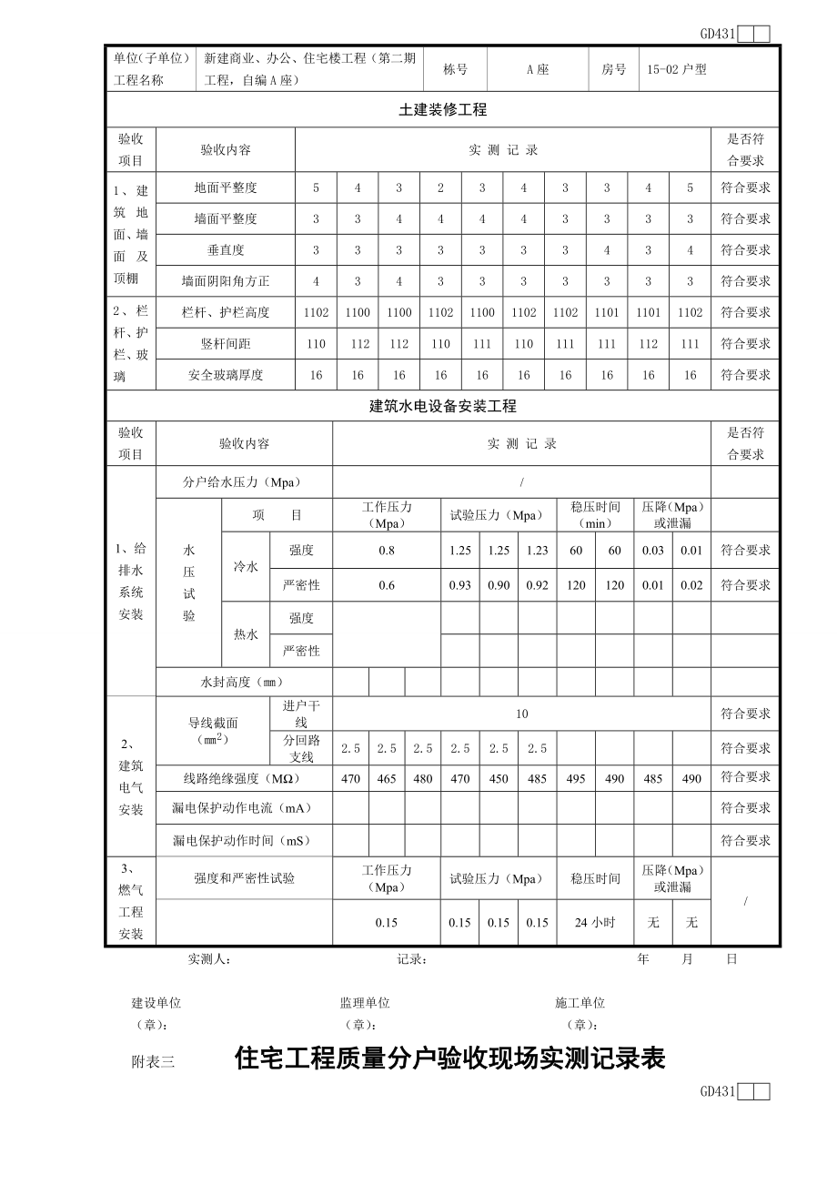 住宅工程质量分户验收现场实测记录表_第2页