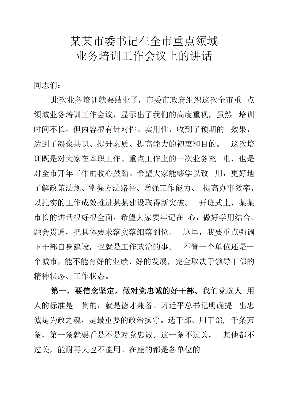 某某市委书记在全市重点领域业务培训工作会议上的讲话.docx_第1页