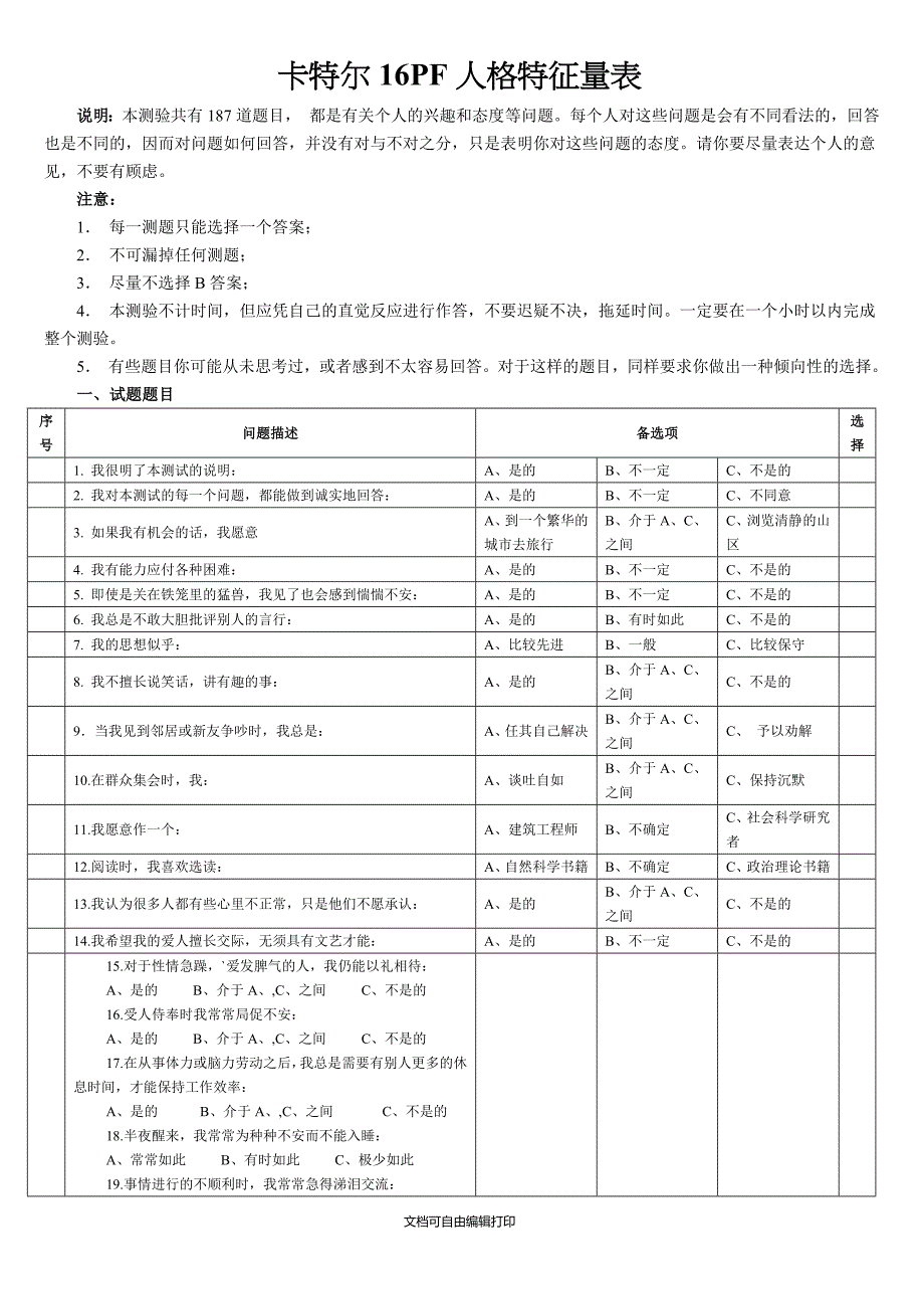 最准确的卡特尔16PF人格特征量表_第1页