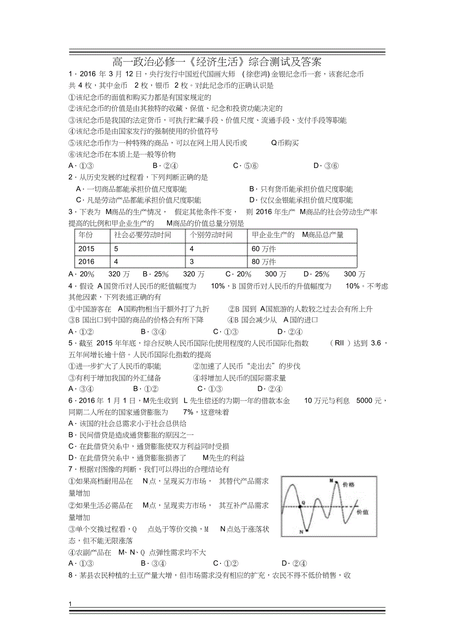 高一政治必修一《经济生活》综合测试及答案_第1页