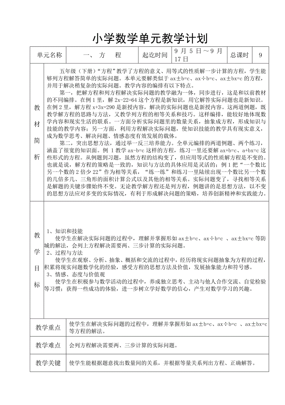 单元教学计划一方程_第1页