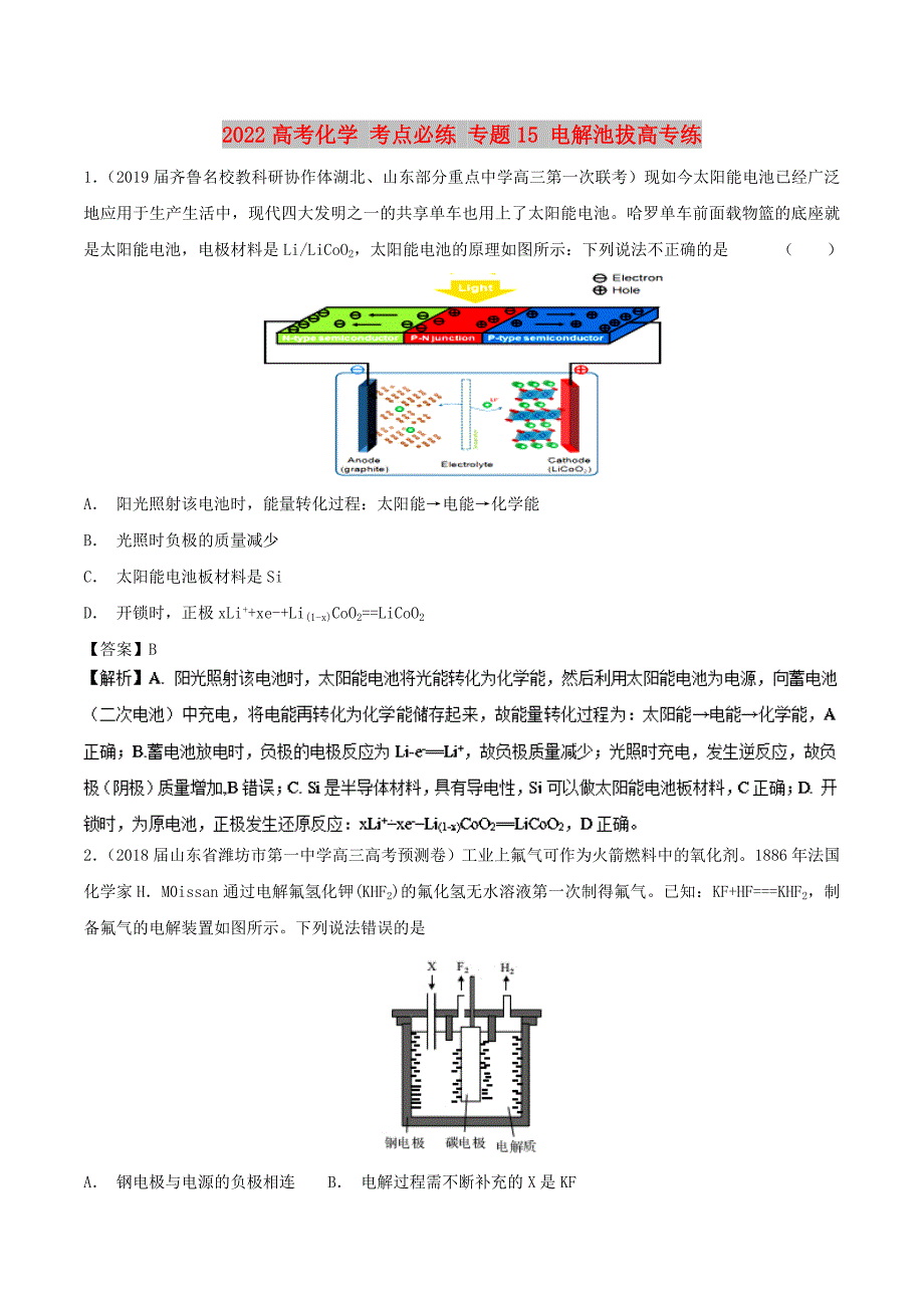 2022高考化学 考点必练 专题15 电解池拔高专练_第1页