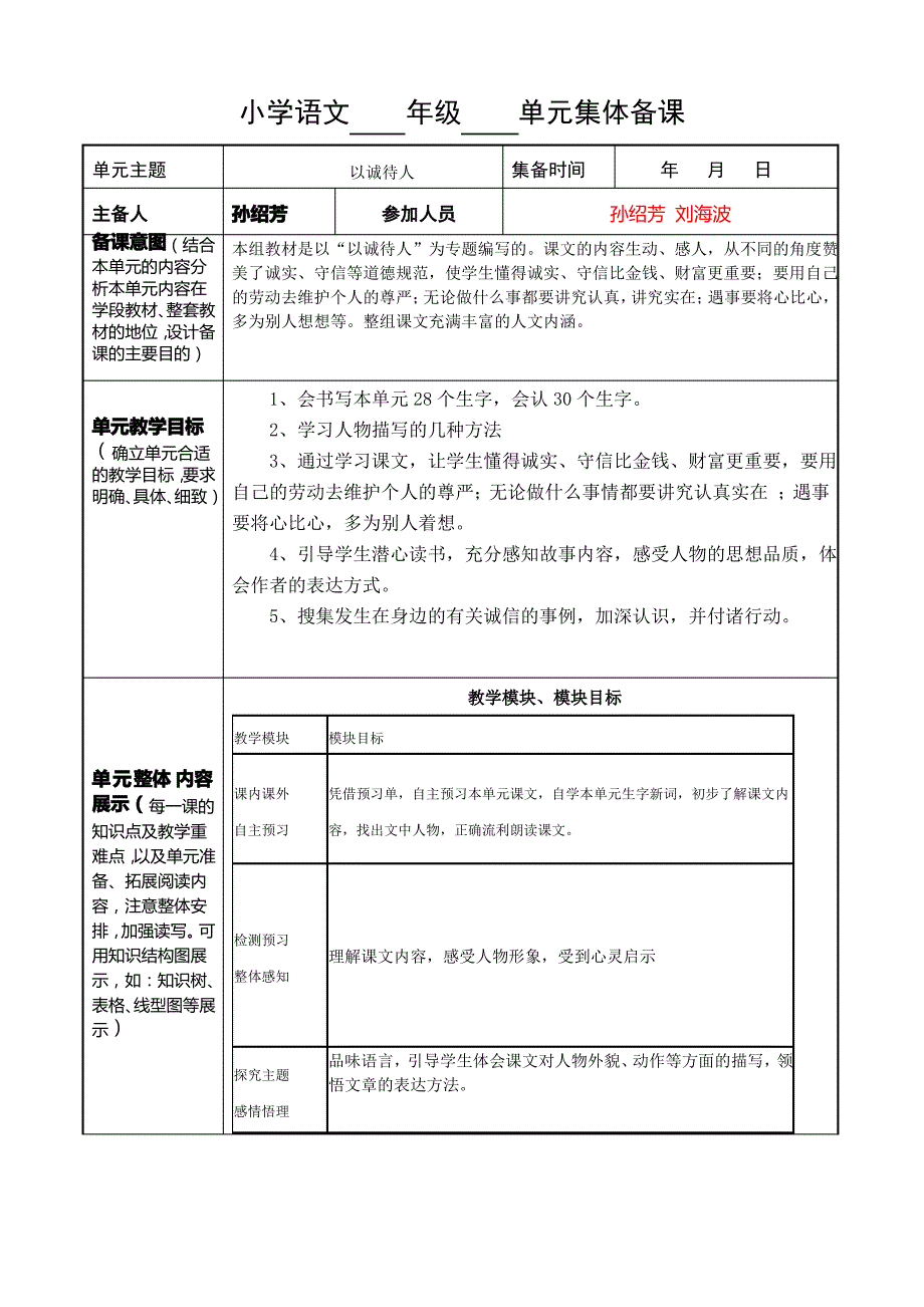 小学语文单元集体备课模板_第1页