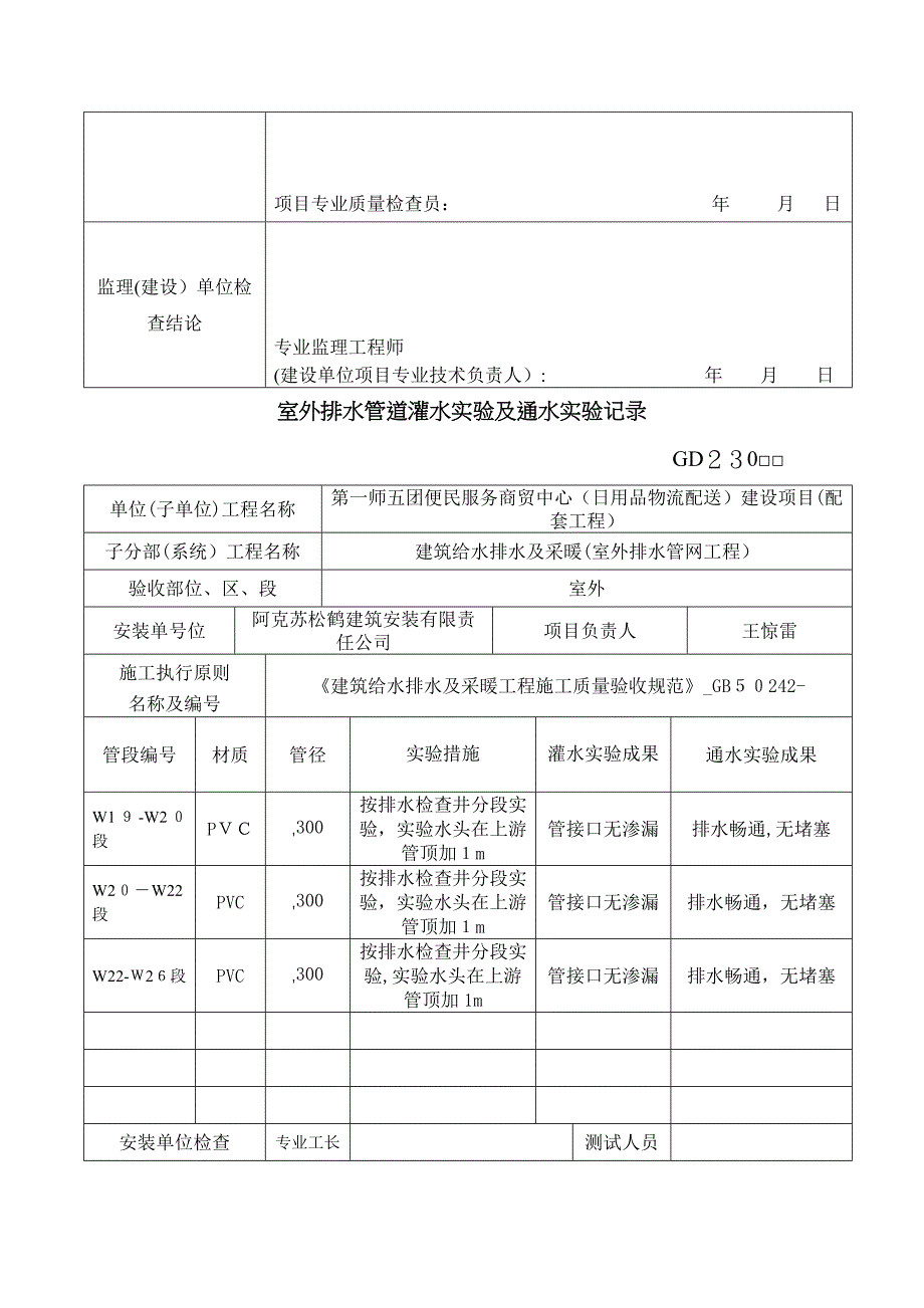 室外排水管道灌水试验及通水试验记录_第4页