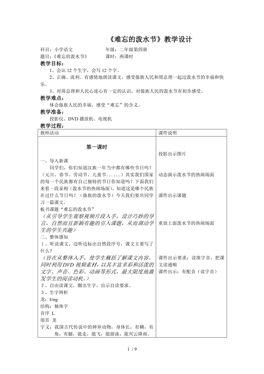 难忘的泼水节教学设计_第1页