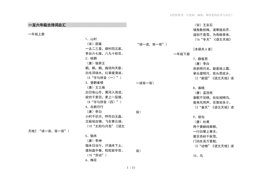 小学一至六年级古诗词考点总汇_第1页