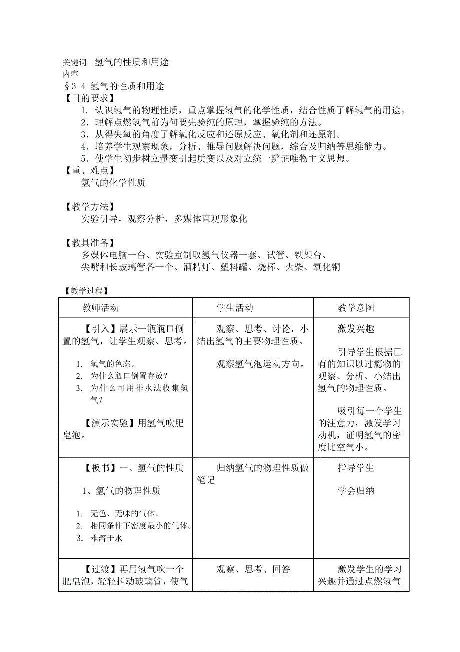 初三化学教案集氢气的性质和用途_第1页