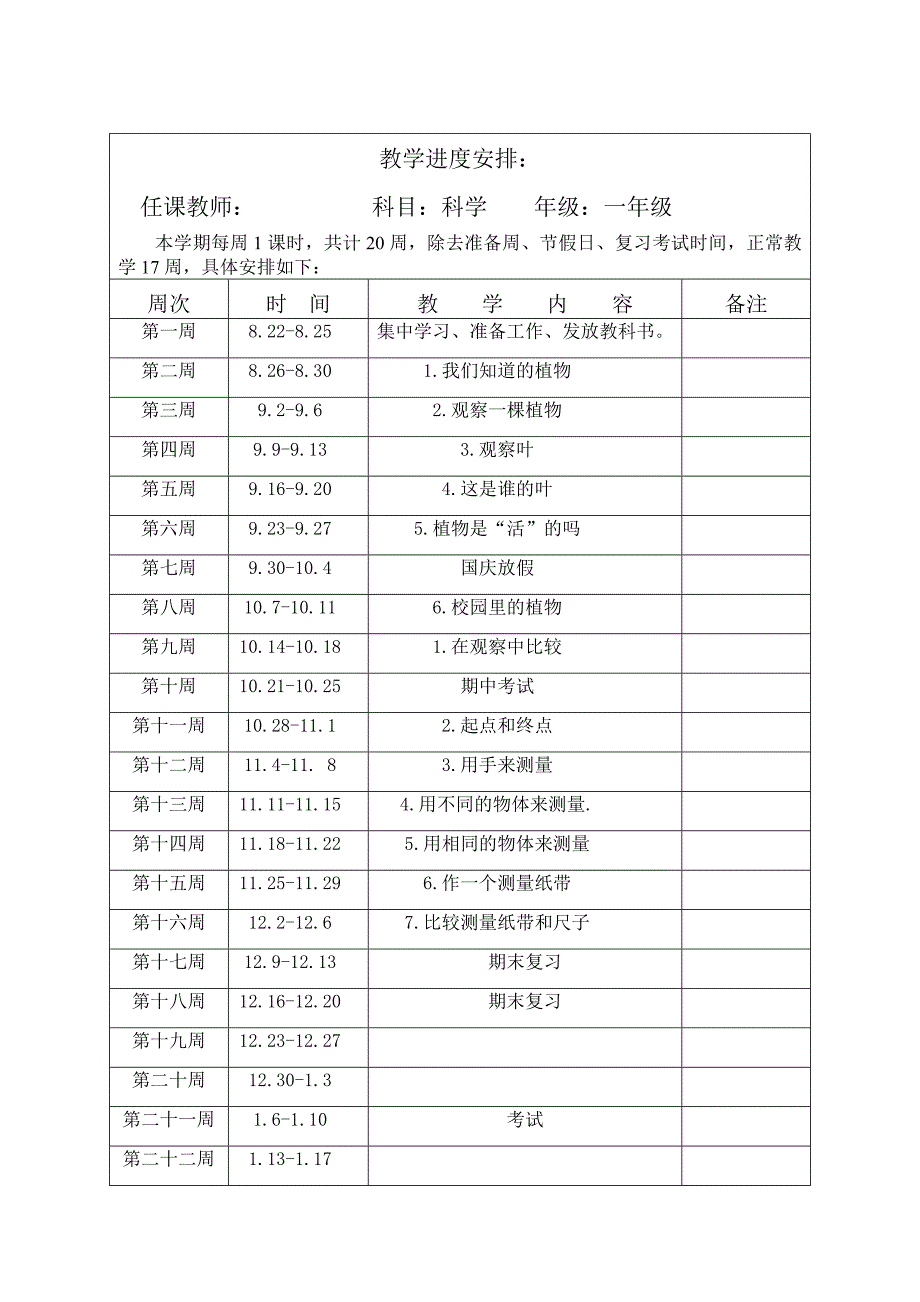 小学一年级上册科学教学计划_第4页