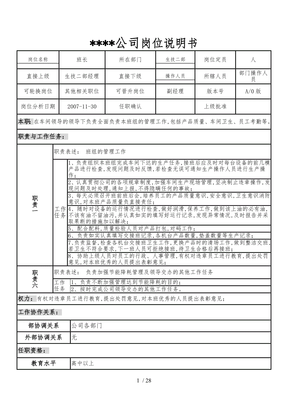 某制造企业生产二部岗位说明书_第1页